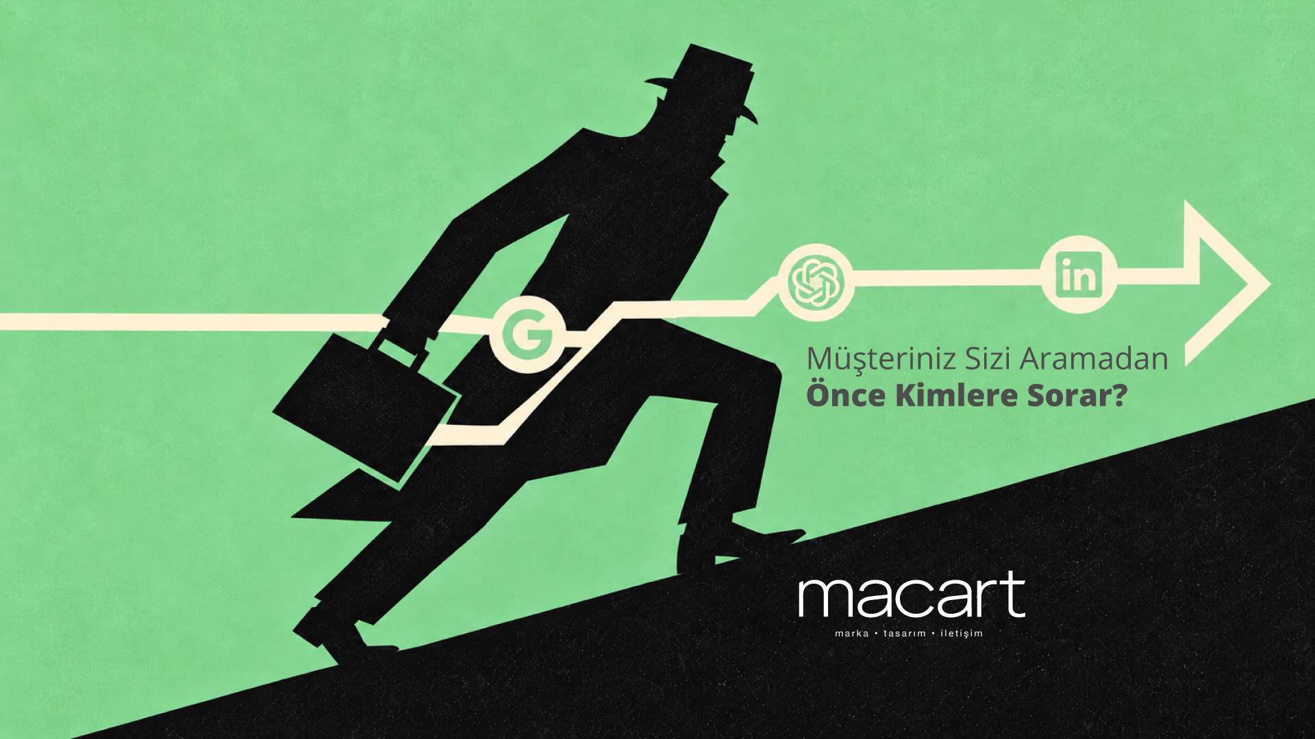 Silhouette of a businessman on a research path: customers ask Google, AI and LinkedIn about a brand before they call